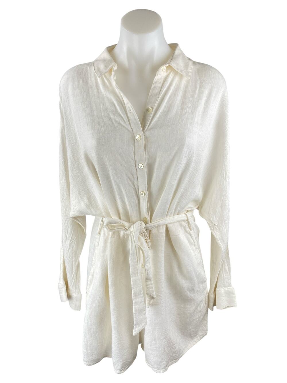 L Space White Collared Long Sleeve Belted Button Down Shirt Jumpsuit Romper Sz L